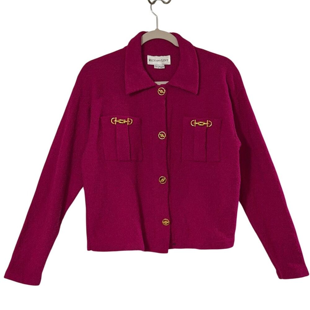 Rich and Levy Vintage Pink Textured Cardigan Jacket Gold Button Size L